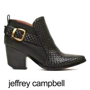 JEFFREY CAMPBELL Black Woven Leather Buckle Pointy Toe Bootie Ankle Boots Sz 7.5
